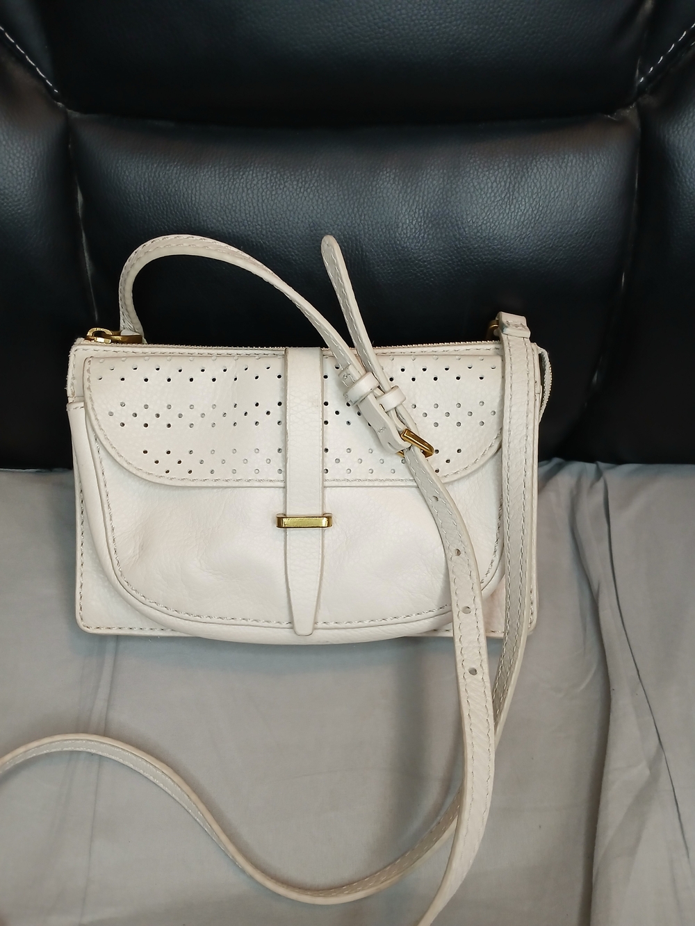 Fossil Perforated Cream Leather Crossbody Bag